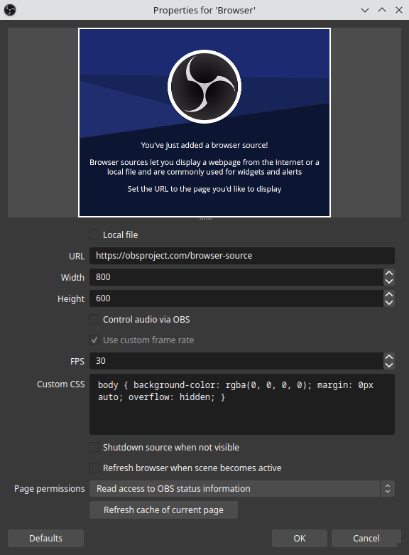 OBS browser source dialog